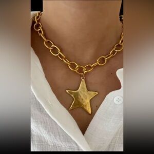 Vintage style Engraved Metal Gold tone Star Charm statement Necklace